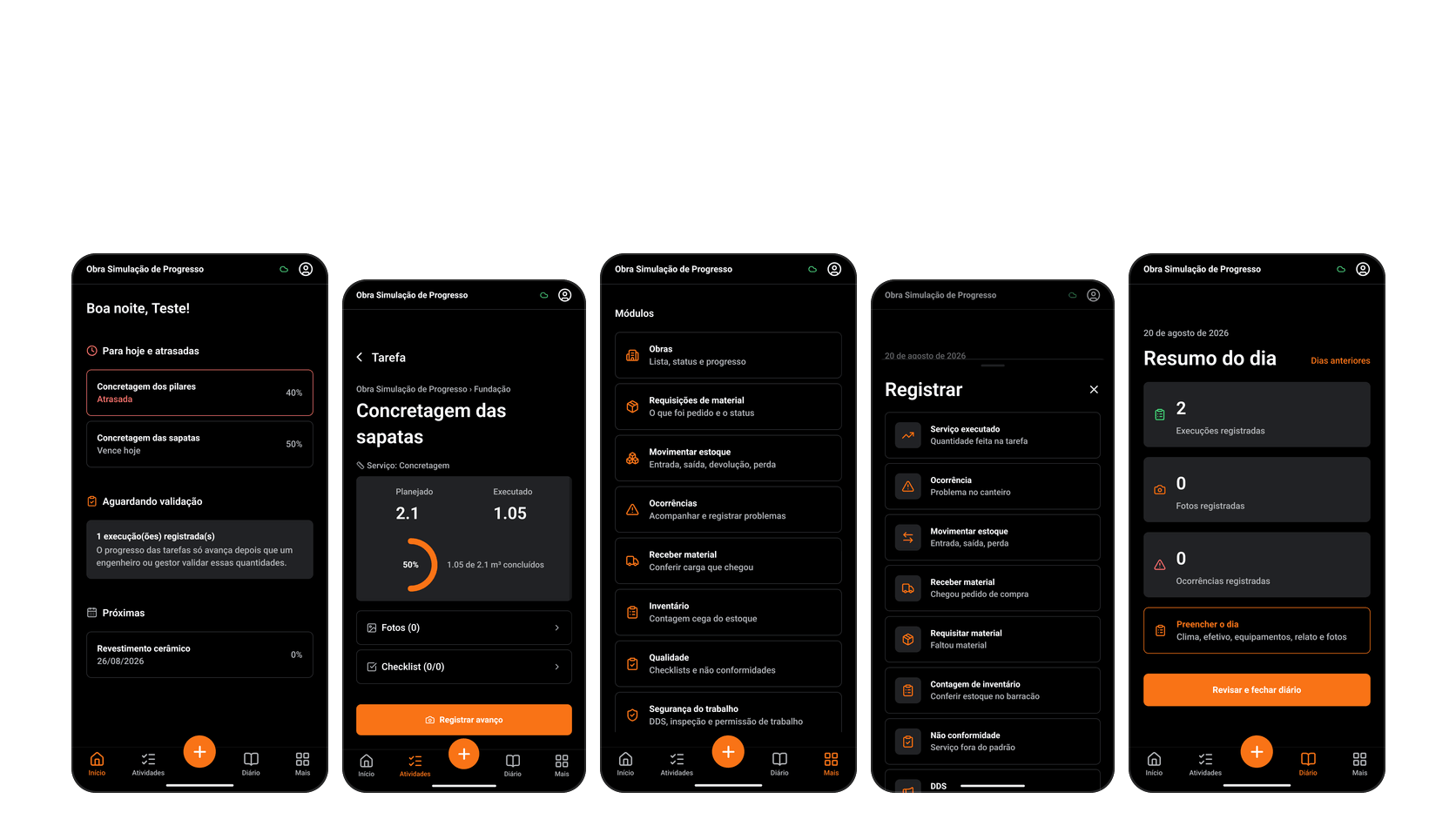 Telas do app SODARI CAMPO: dashboard de progresso da obra, execução de tarefa, módulos de campo, menu de registro e diário de obra